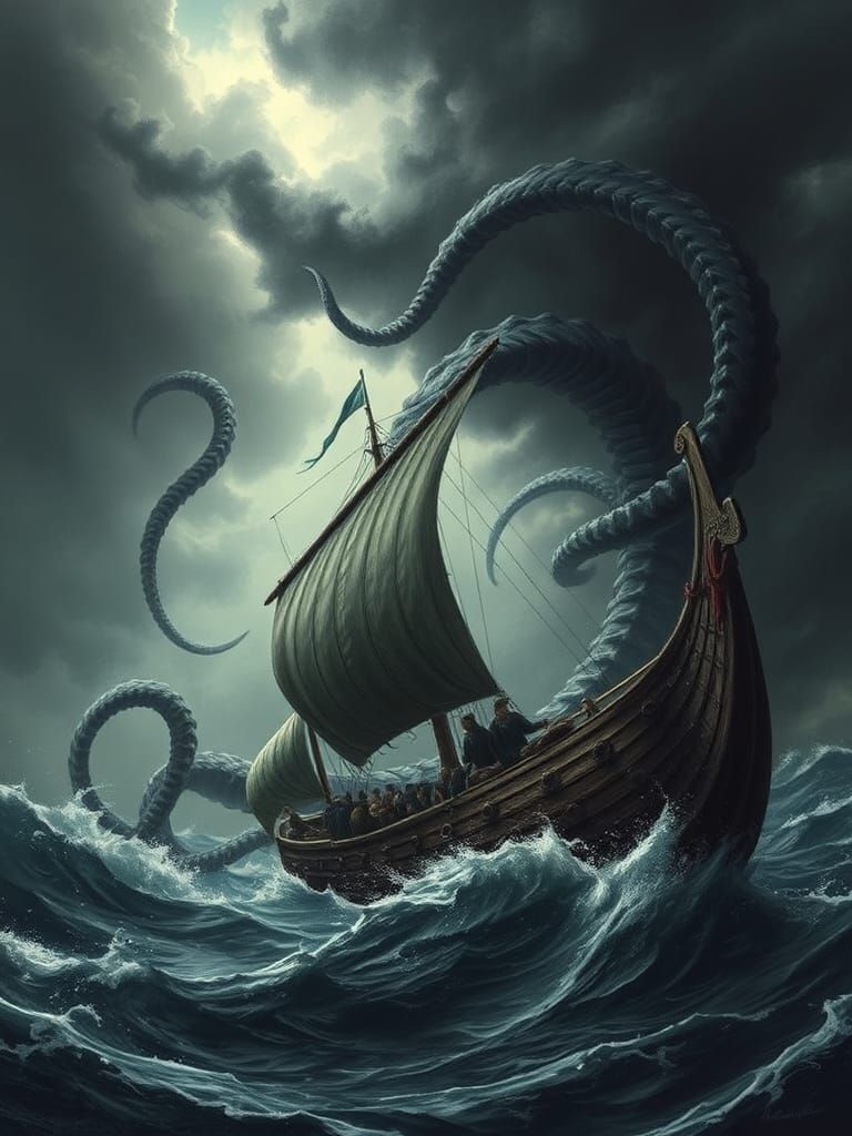 Kraken Attacks Viking Ship in Stormy Sea