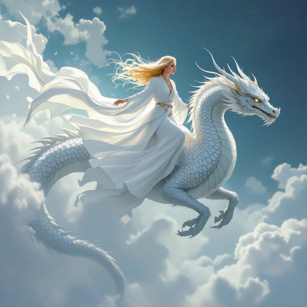 Woman on Metal Dragon in Dreamy Sky