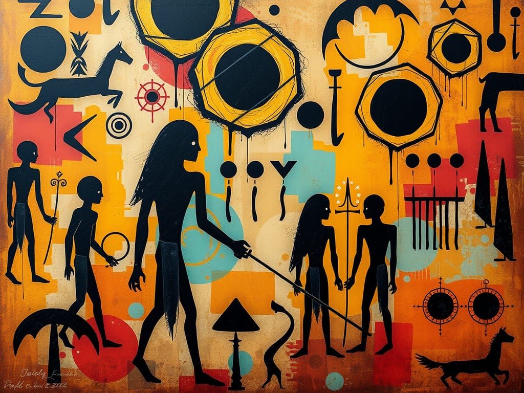 Abstract Cave Art Depicting Mythical Figures as Impasto Pain...