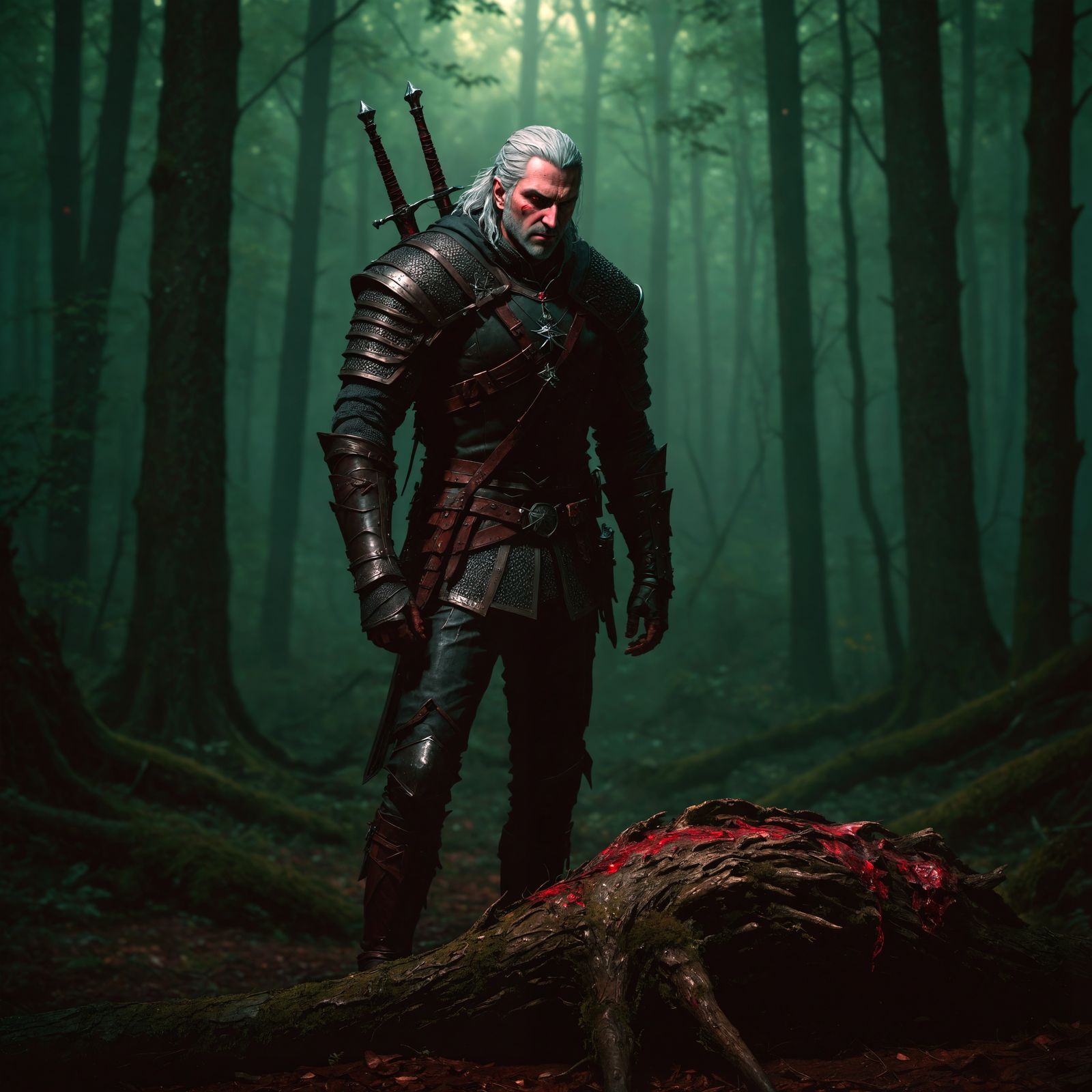 Witcher Surveys Fallen Monster in Rococo Style