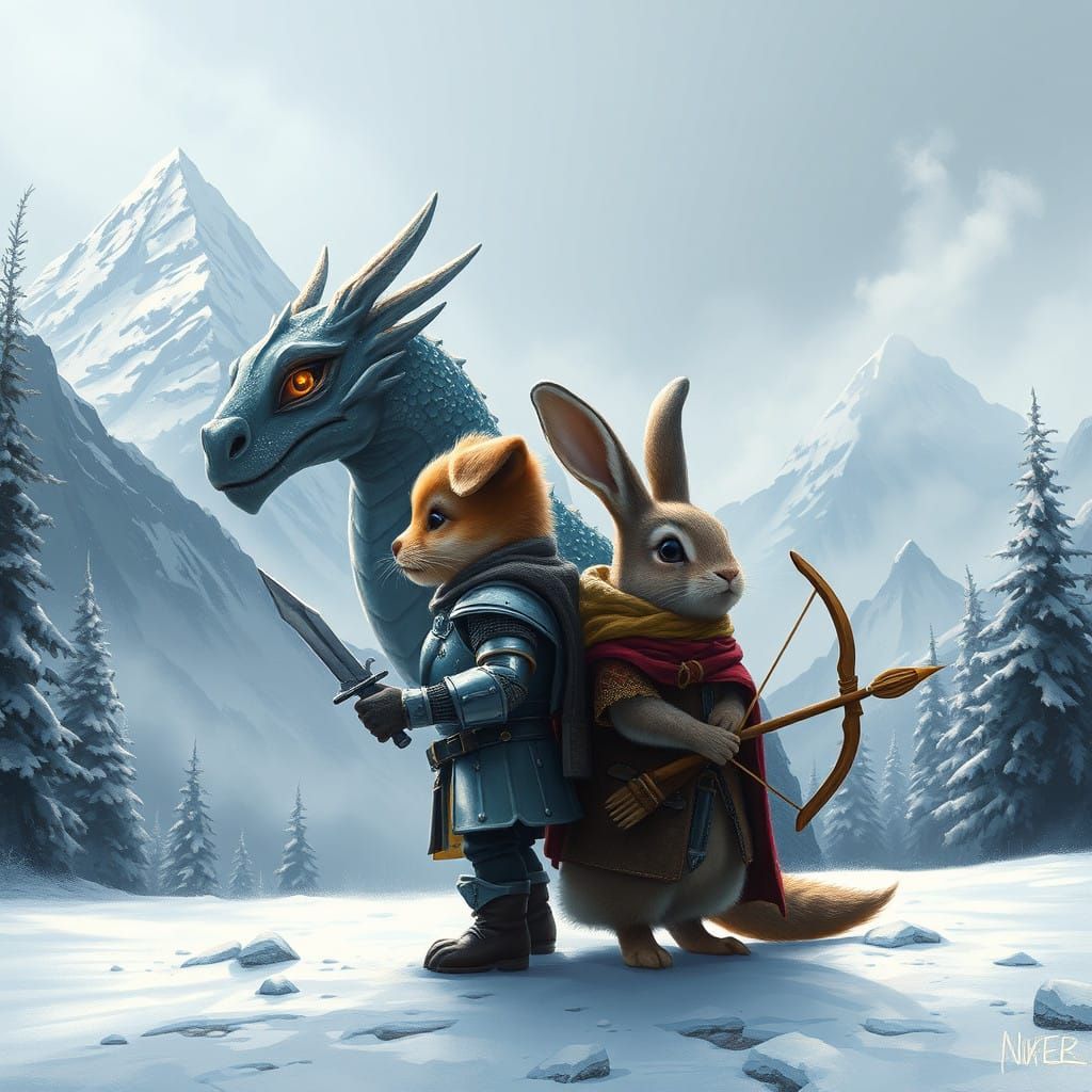 Fantastical Heroes Battle Fiery Dragon in Snowy Mountains