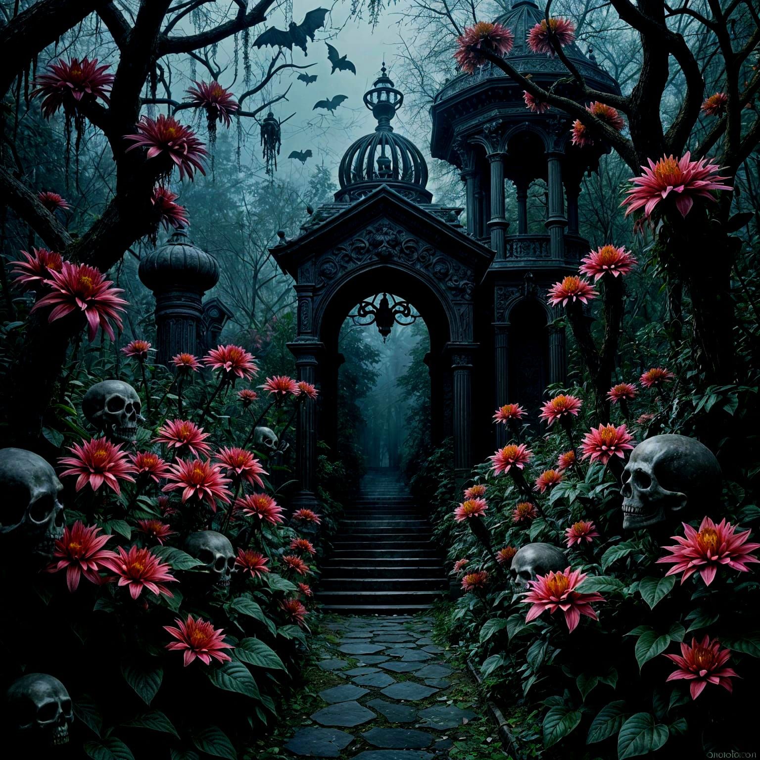 Eerie Decaying Victorian Garden in Neo-Cubist Style