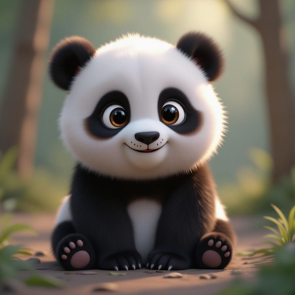 Adorable Fluffy Panda with Big Eyes in CGI Style