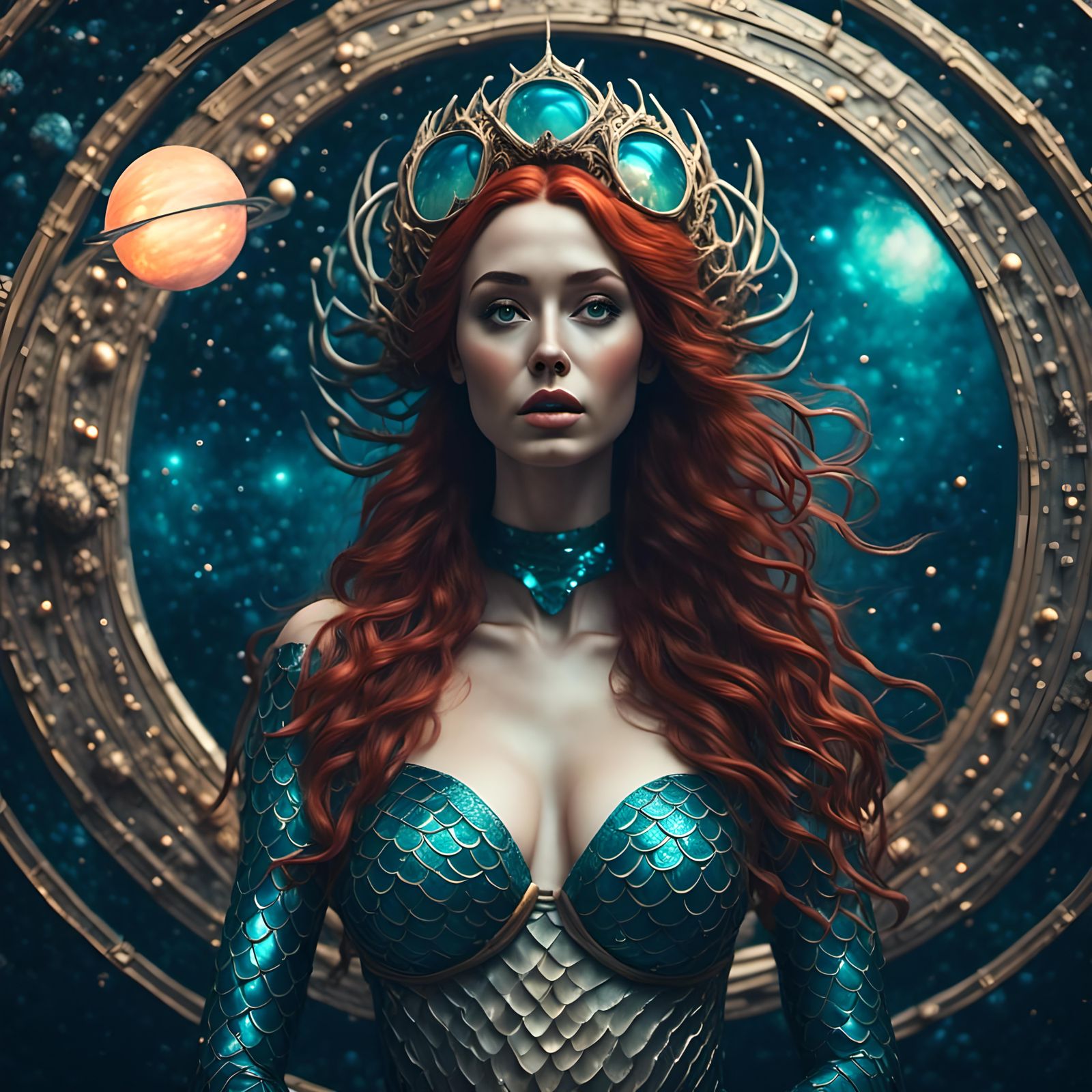 British Mermaid in Space Solar System Portrait