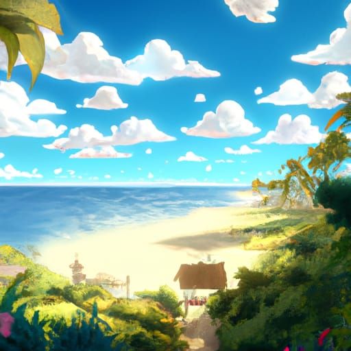 Tropical Beach in Studio Ghibli Anime Style
