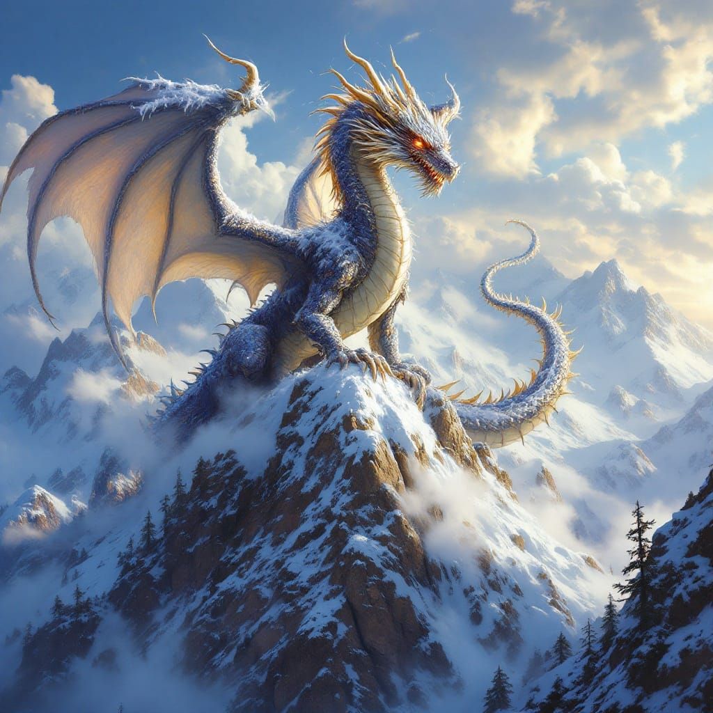 Dragon of Ancient Wisdom on Snowy Mountain Throne