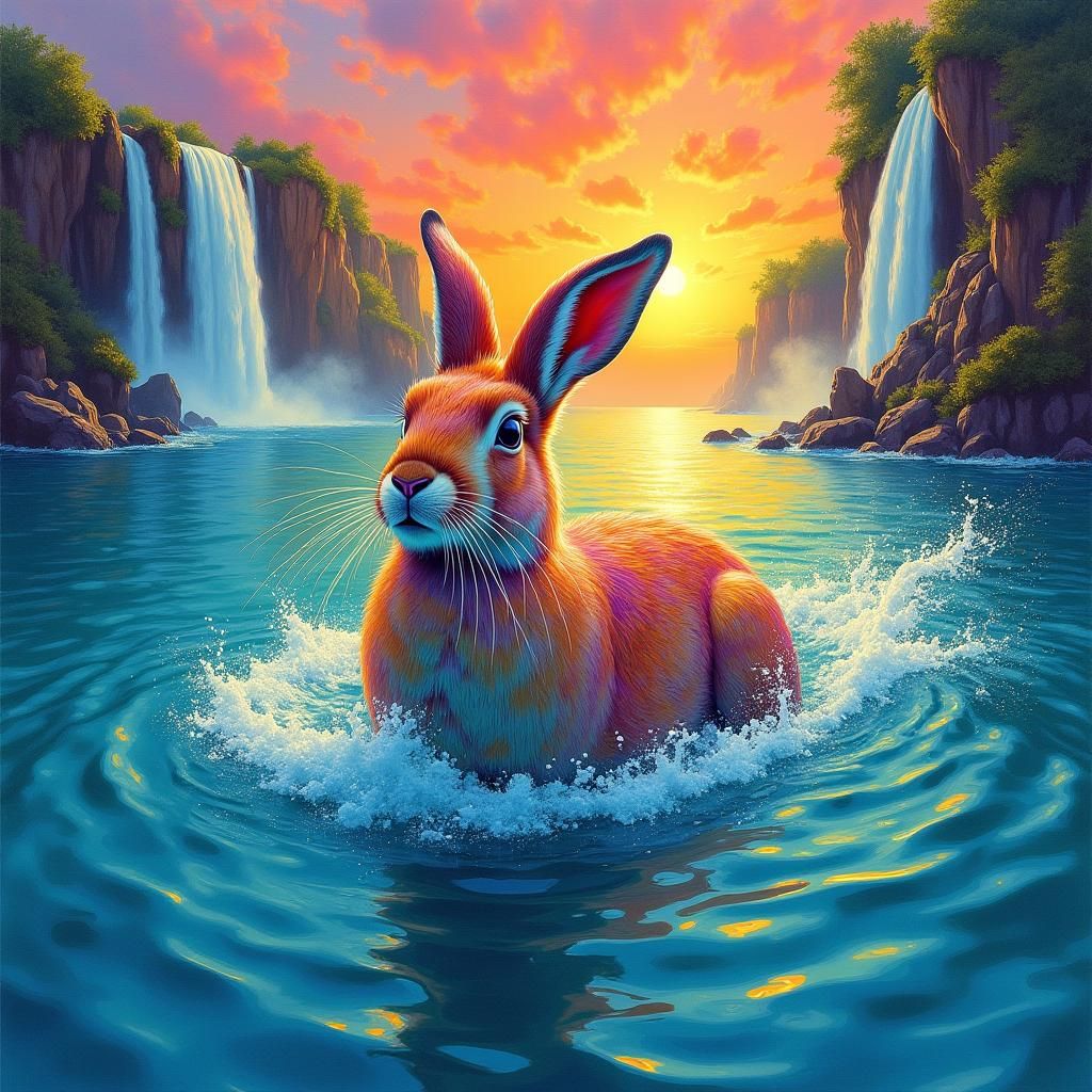 Iridescent Rabbit Swimming at Sunset: Impressionist Style