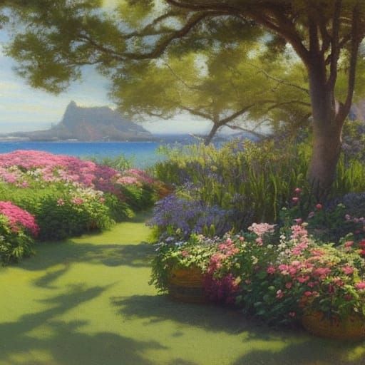 Renaissance Garden with Sea View, Oil Painting