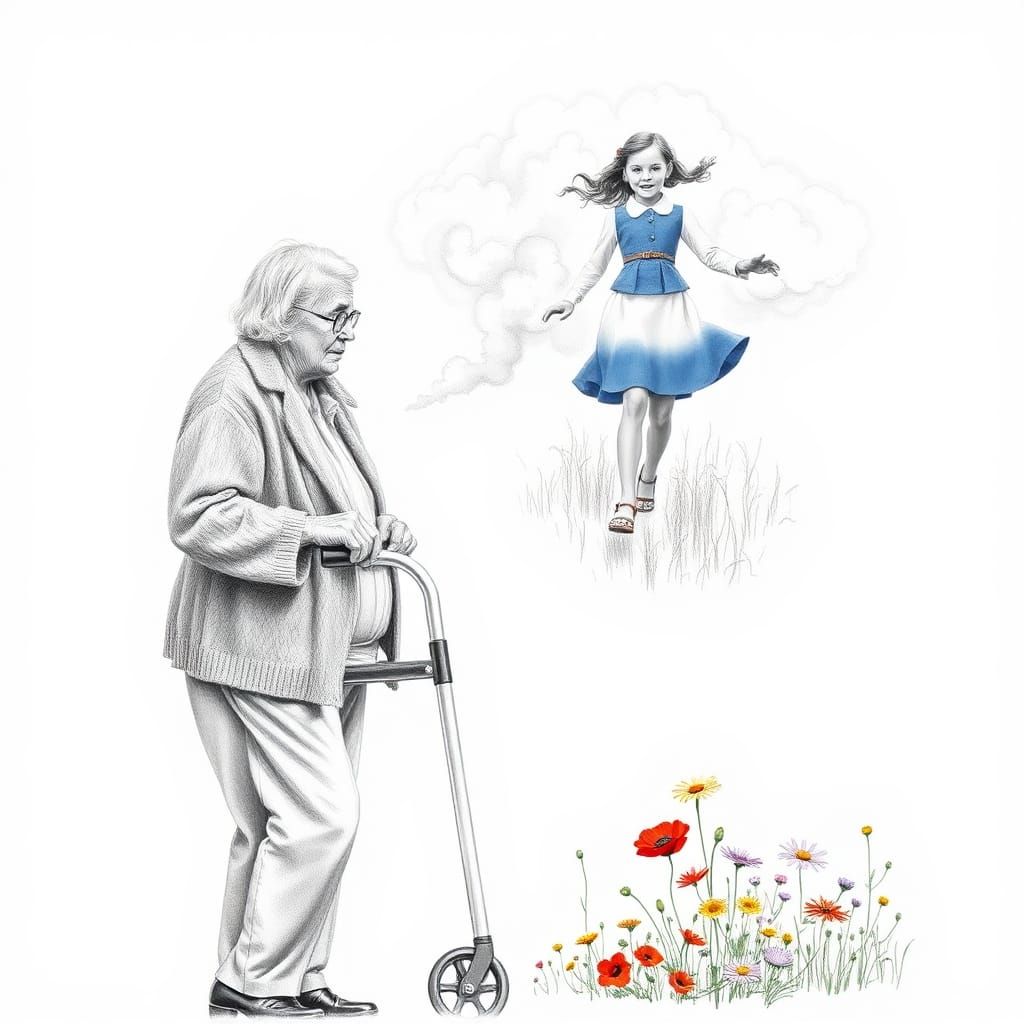 A hyperdetailed photorealistic black and white pencil sketch of an elderly woman using a walker to walk, facing the came...