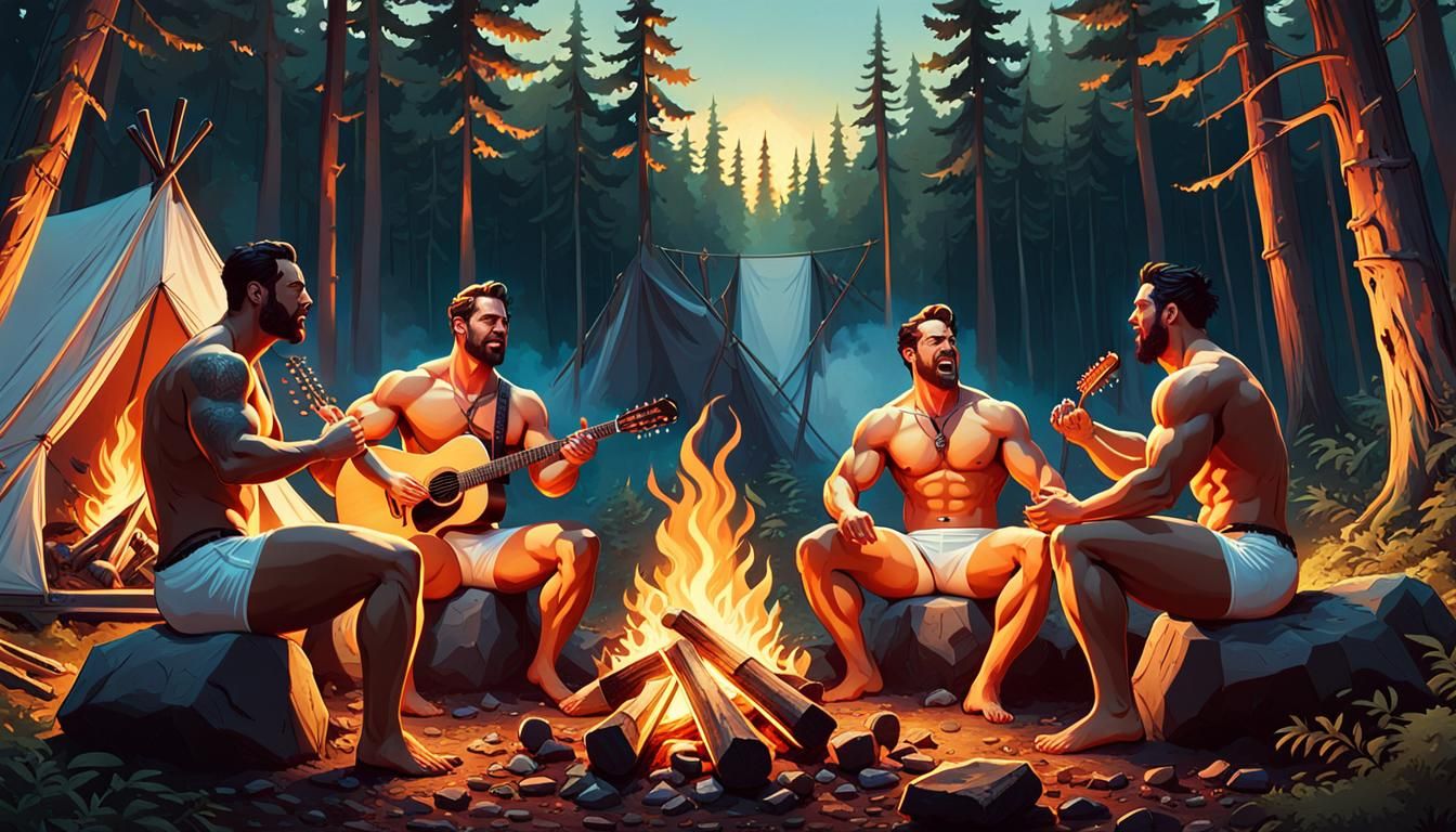 Men Singing Around Campfire, Comic Book Art