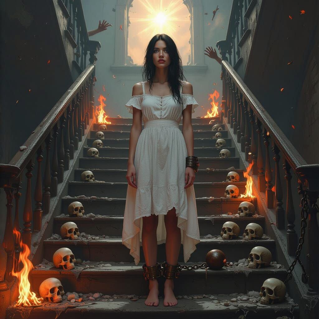 Bicolor Woman on Decaying Stairs: Dark Surrealism