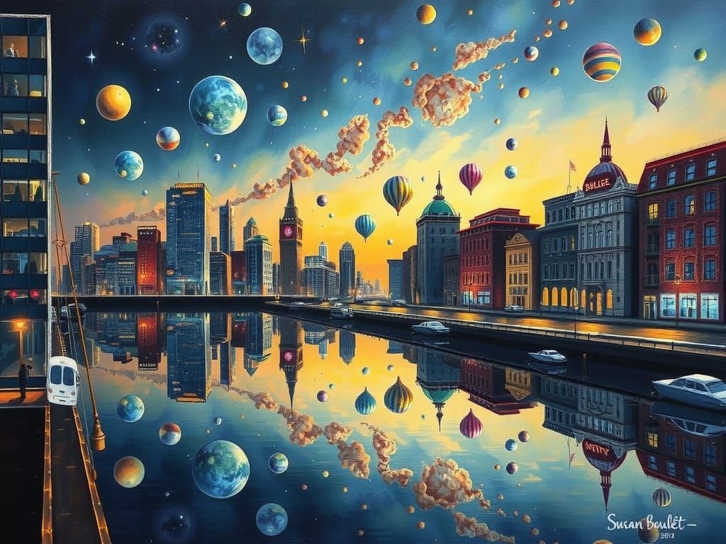 Cosmic Cityscape Reflecting Dreamlike Elements