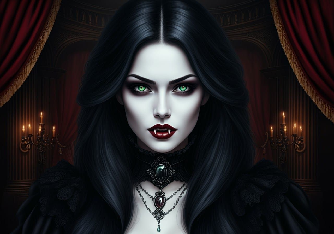Vampire with Emerald Eyes in Gothic Setting