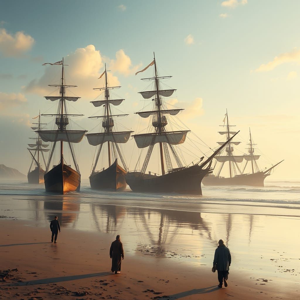 Ancient Ships Stranded on Beach at Dawn