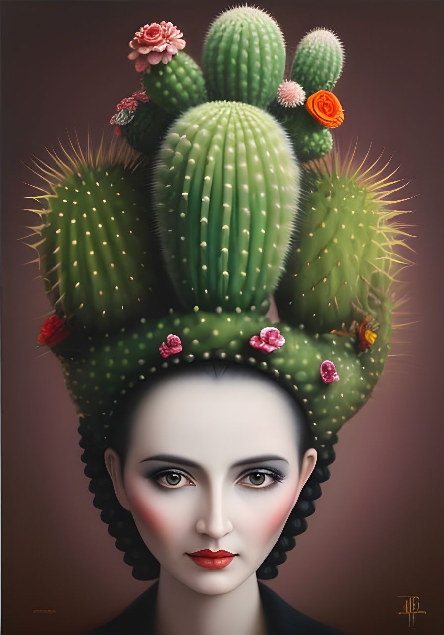 Woman with Cactus Hat in Surrealist Style