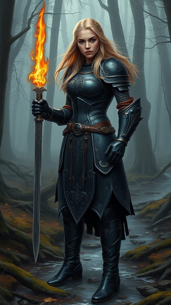 Medieval Maiden in Dark Plate Armor, Flaming Sword in Hand