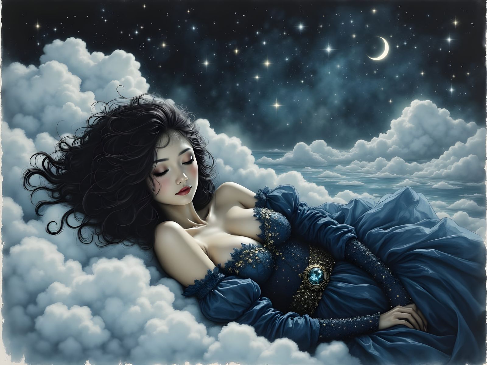 Norse Moon Goddess Reclining on Clouds in Moody Fantasy Styl...