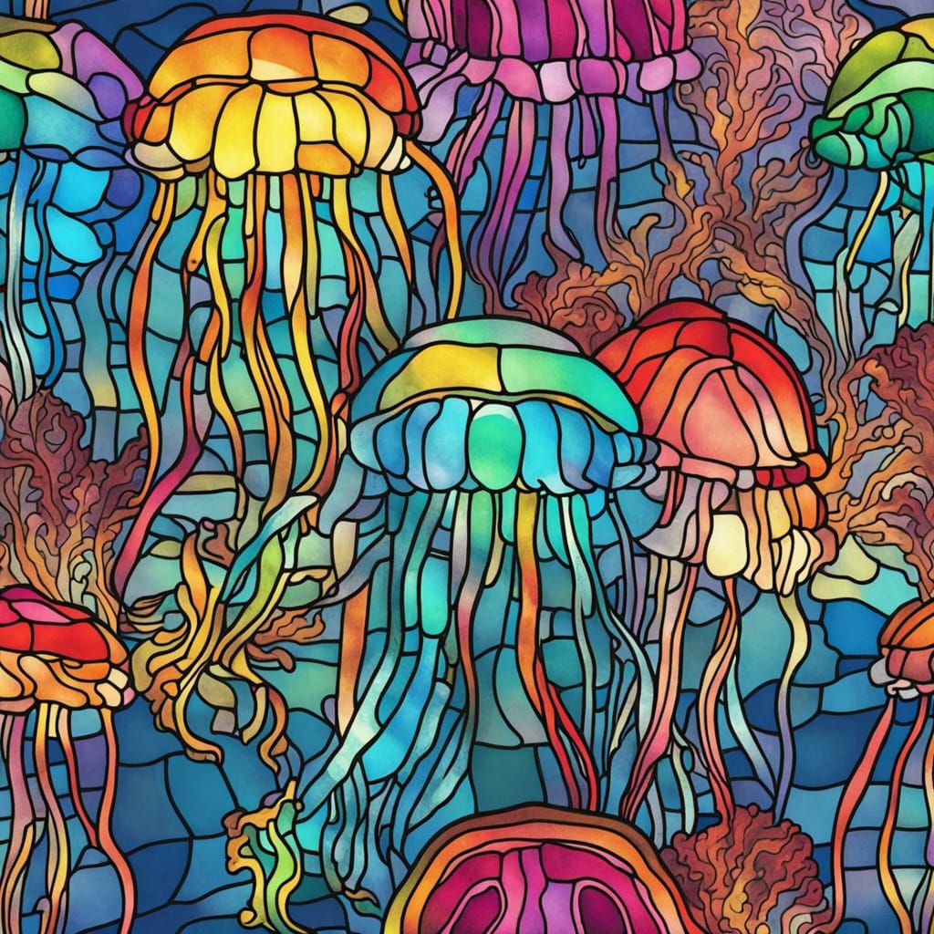 Rainbow Jellyfish in Stained Glass Style