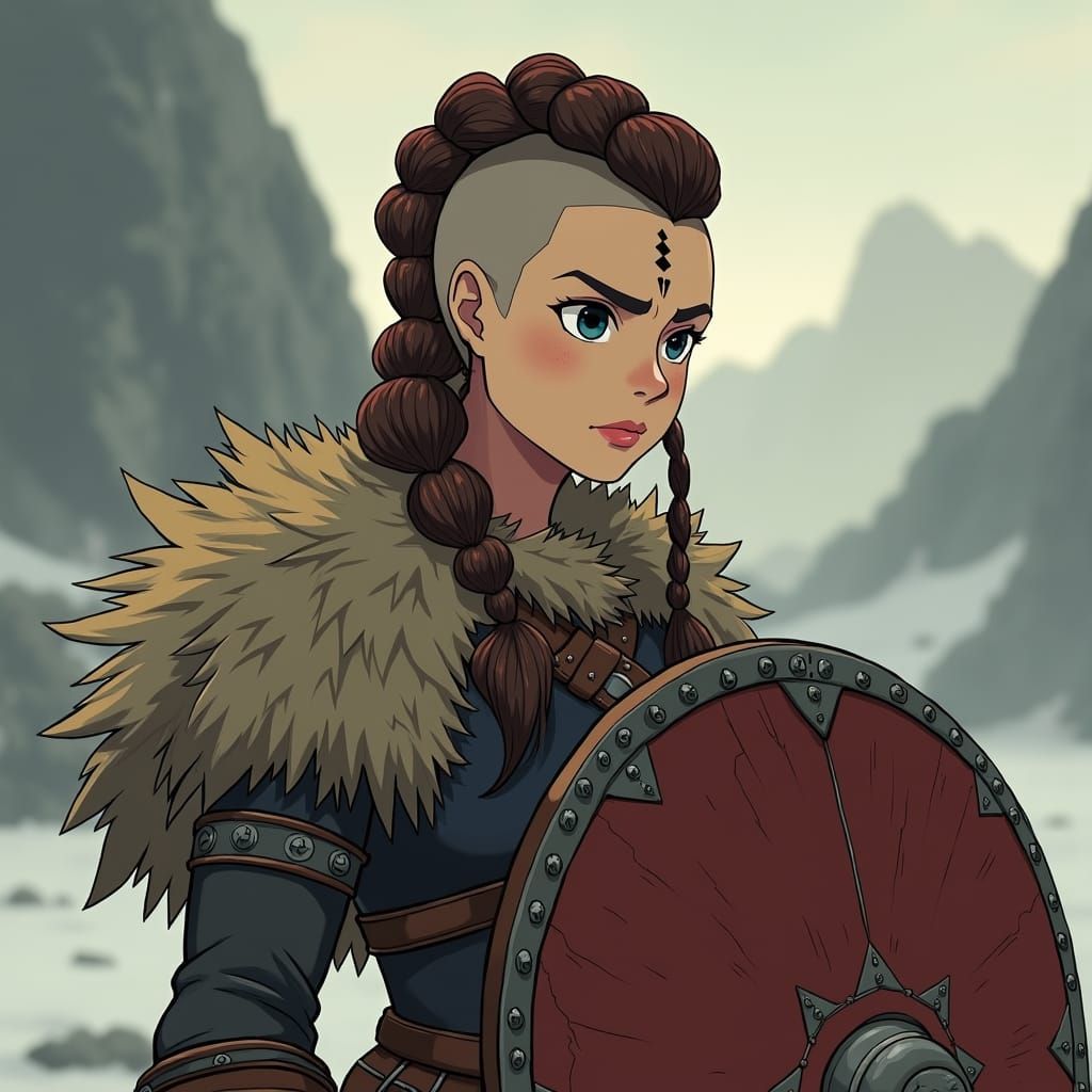 Fierce Shield Maiden with Mohawk in Ghibli-Inspired Dark Fan...