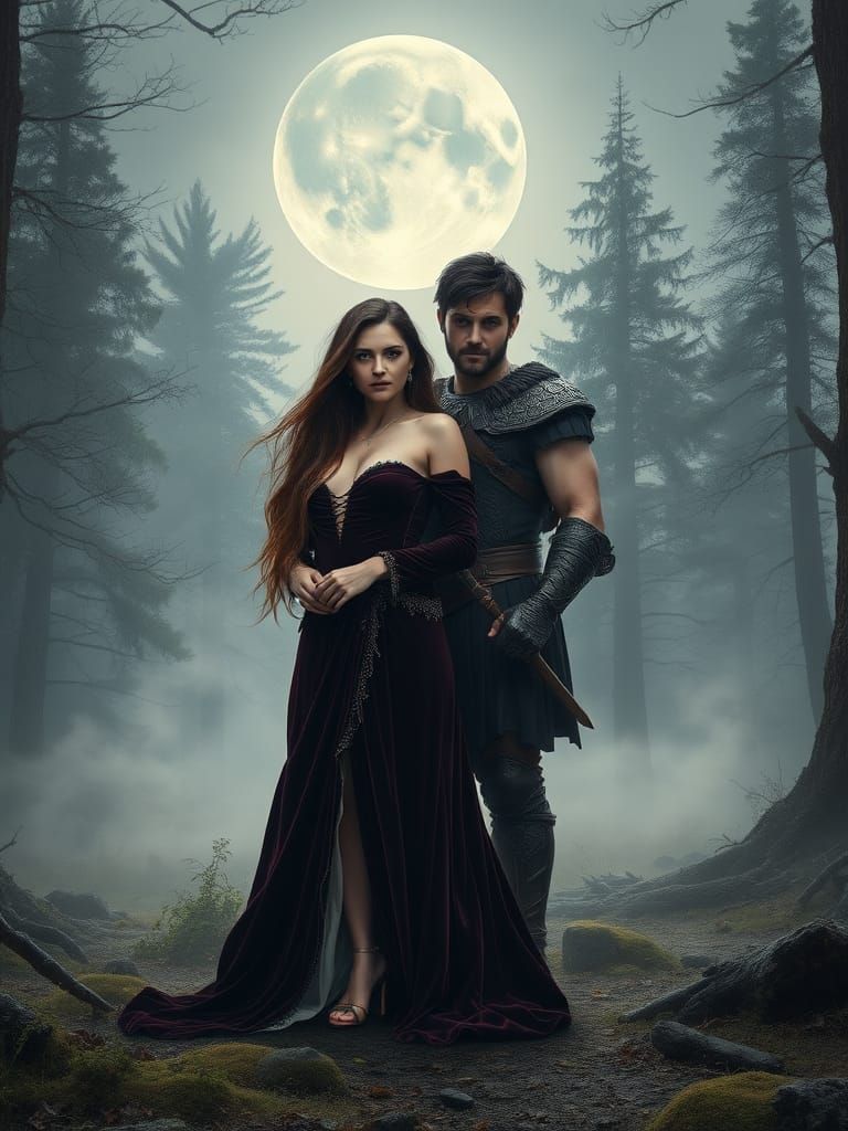 Fantasy Couple in Forest Clearing Under Moonlight