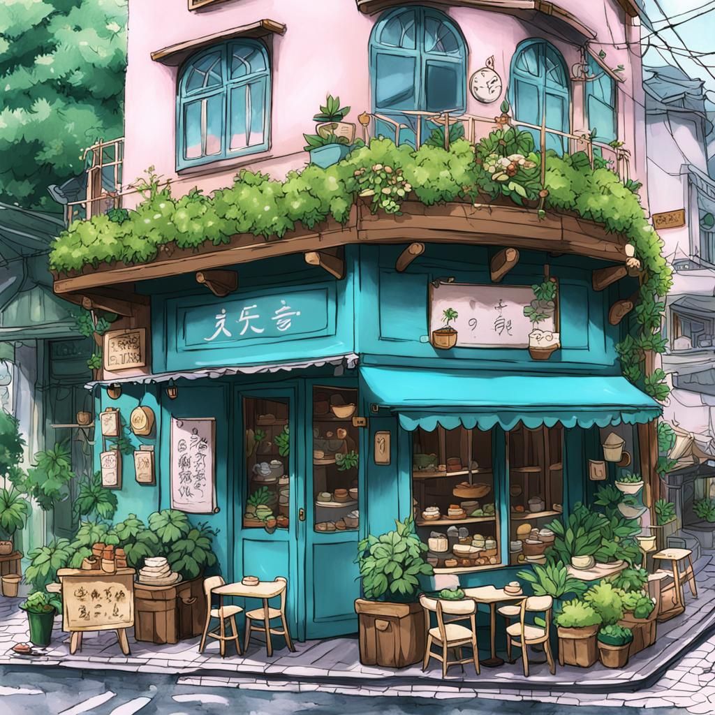 Cozy Cafe Scene in Anime Sketch Style