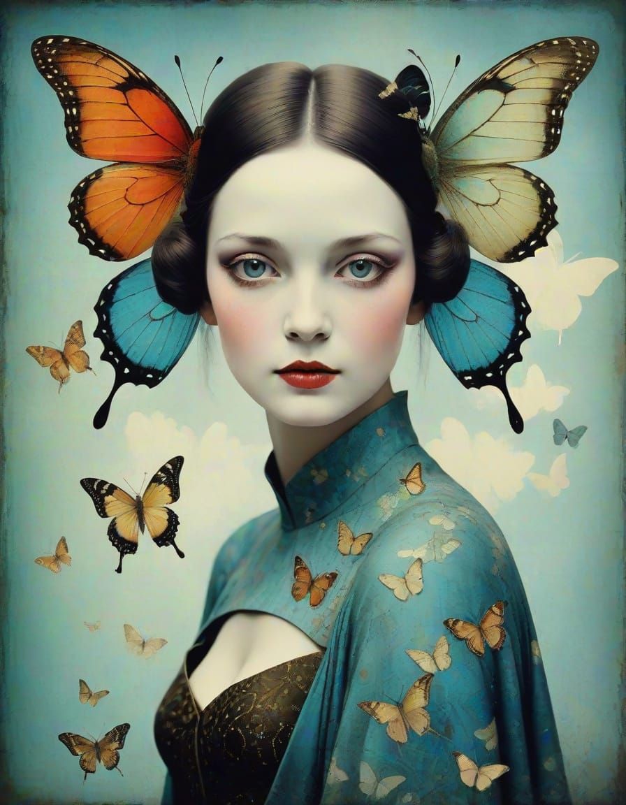 Butterfly Woman Portrait in Surreal Collage Style
