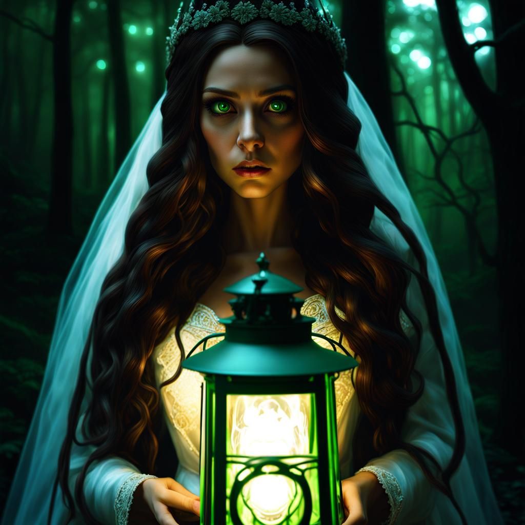 Terrified Bride Lost in Dark Aetherpunk Forest