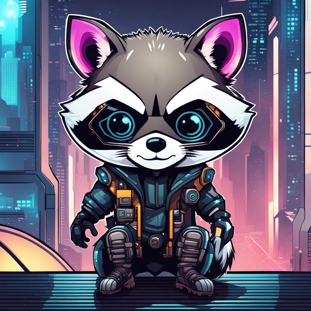 Chibi Cyberpunk Raccoon in Future Cityscape