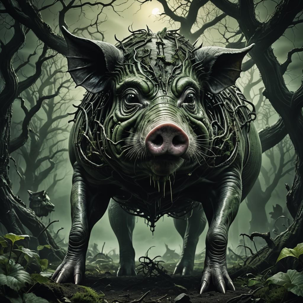 Cannibalistic Pig in Dark Garden: Grotesque Surrealism