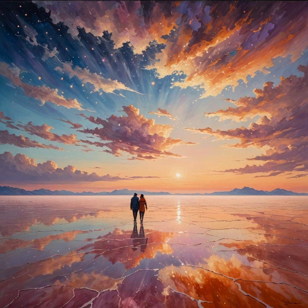 Romantic Bolivian Sunset with Celestial Stars in Vibrant Oil...