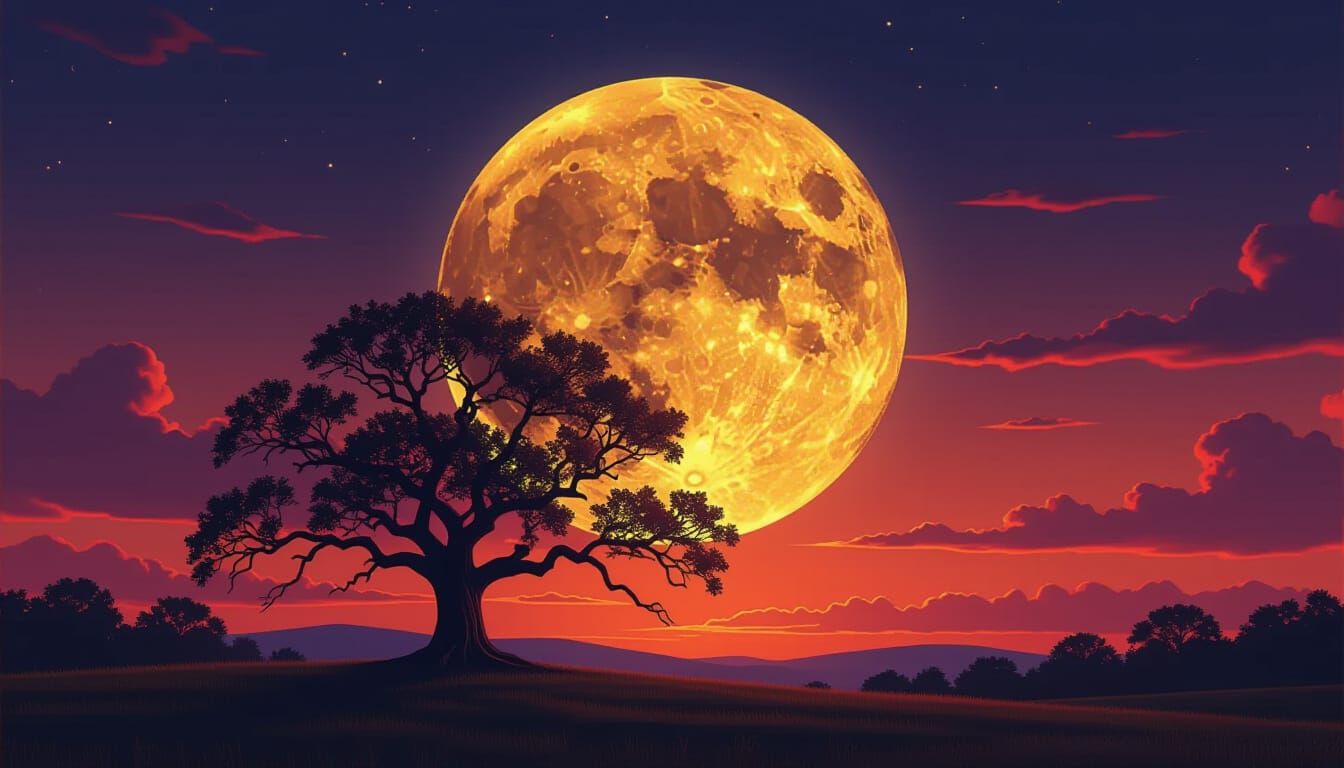 Giant Luminous Harvest Moon Over Ancient Oak Tree