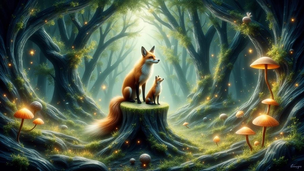 Enchanted Forest Clearing with Fox and Hound in Dreamlike St...