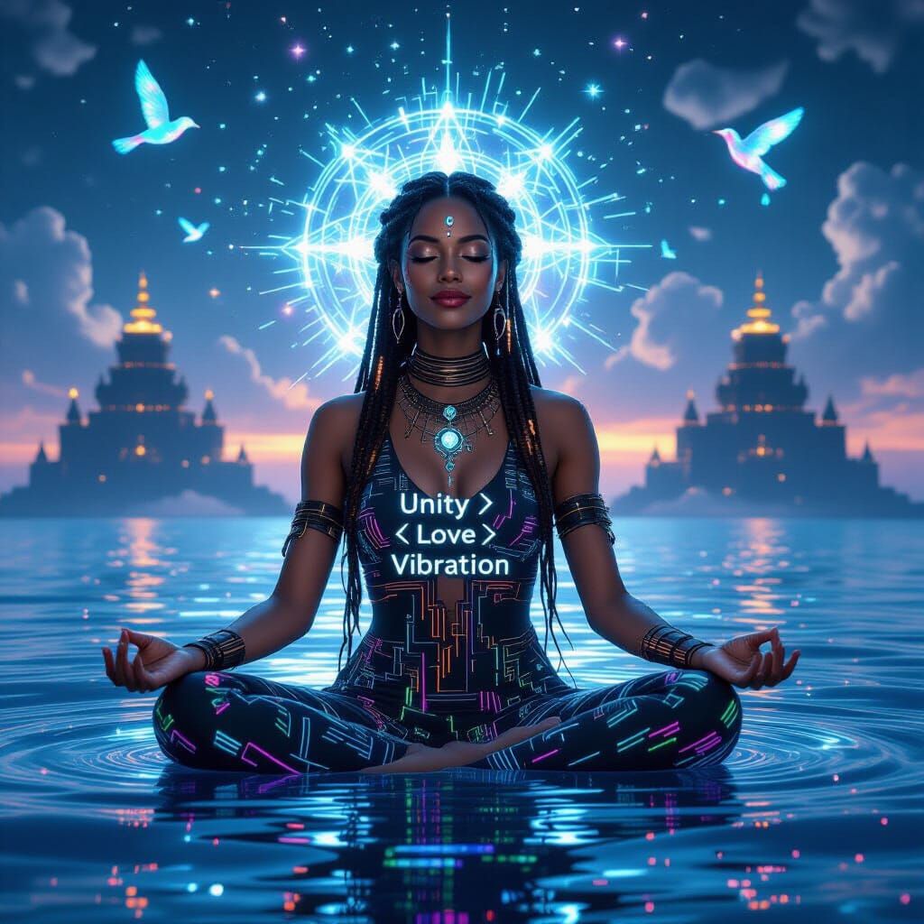 Cyber Priestess Emerges from Luminous Code Ocean