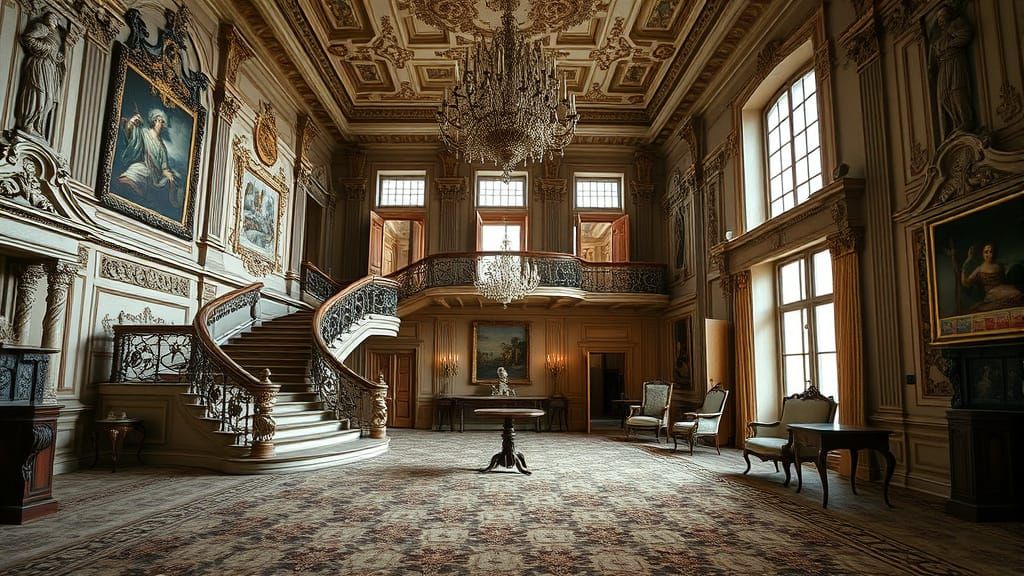 Baroque Mansion Living Room with Grand Staircase