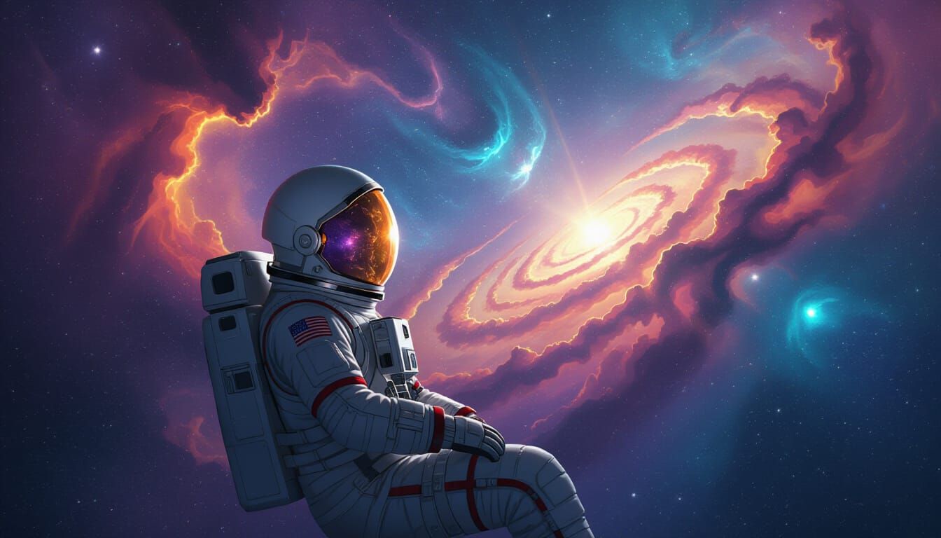 A lone astronaut adrift in a cosmic ocean, surrounded by neb...