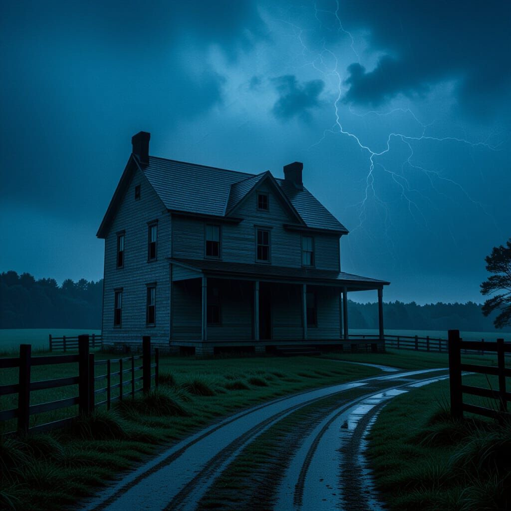 Stormy Farm House at Night: Cinematic Film Grain