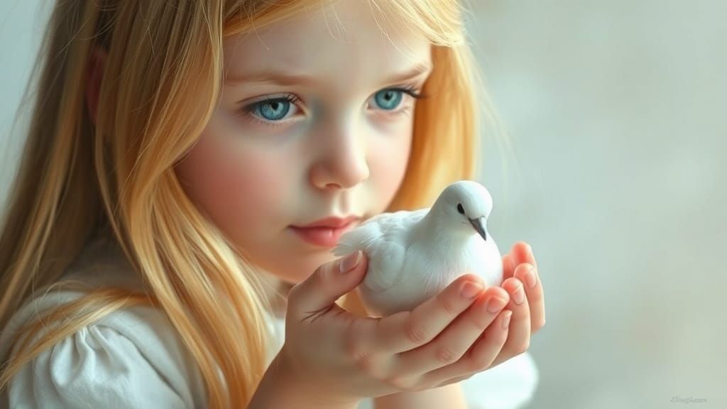 Serene Girl Cradles Dove in Soft Watercolor Light