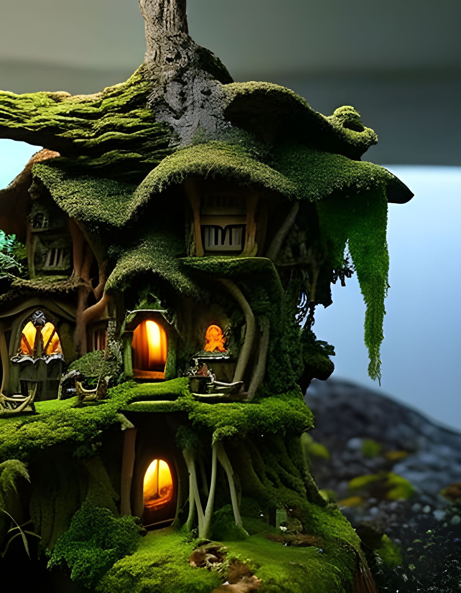 Whimsical Fairy Cottage in Gnarled Tree Trunk