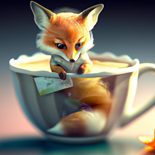 Chibi Fox in Teacup: Detailed 3D Render
