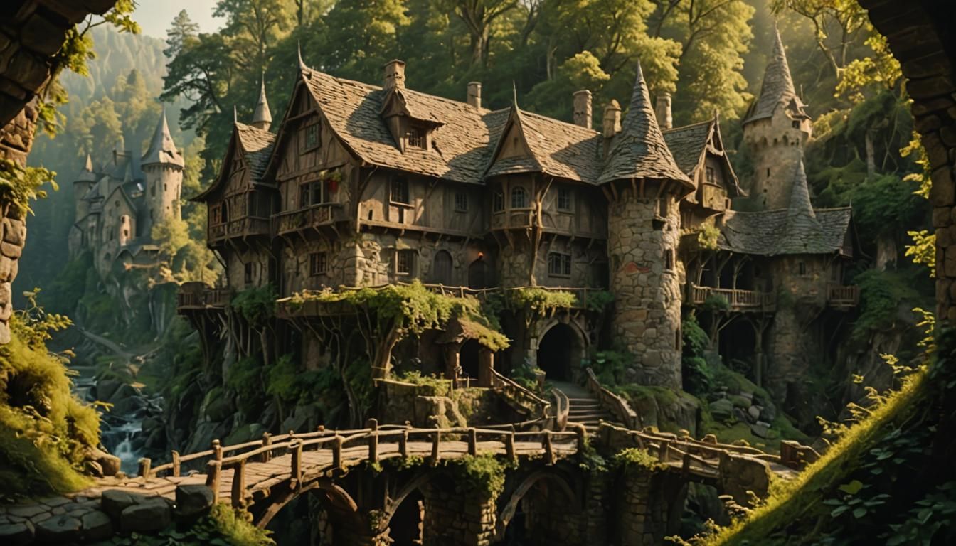 Rustic Elven House with Bridge in Cinematic Style