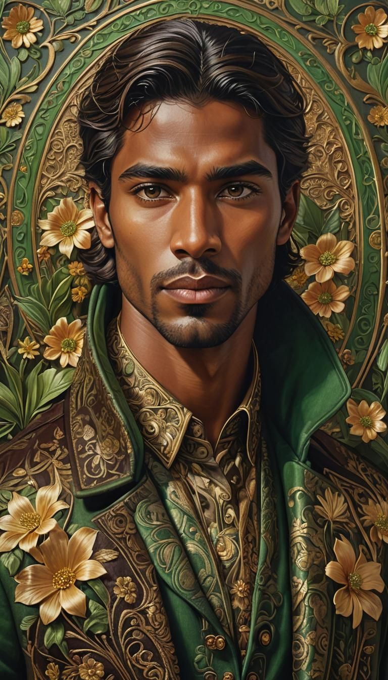 Hyperrealistic Portrait of Latino Man in Art Nouveau Style