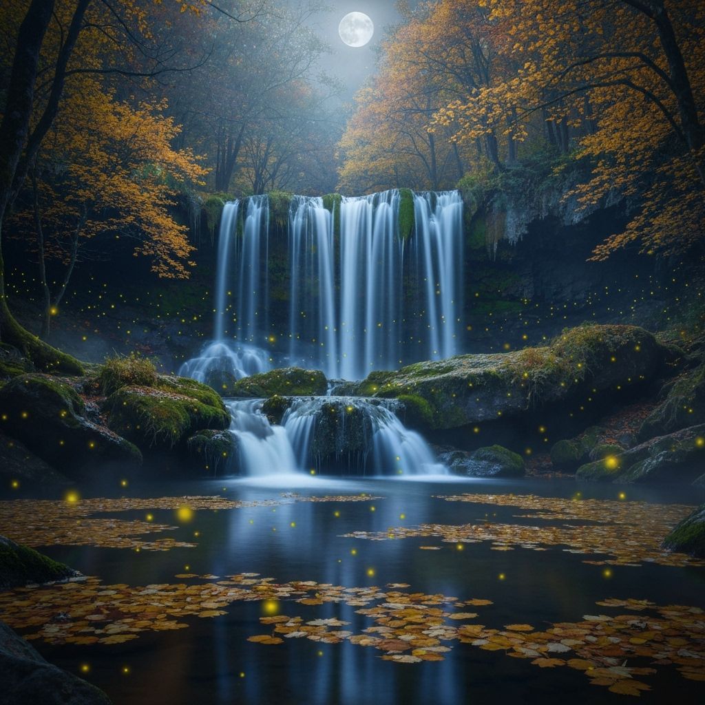 Moonlit Autumn Waterfall in Enchanted Forest
