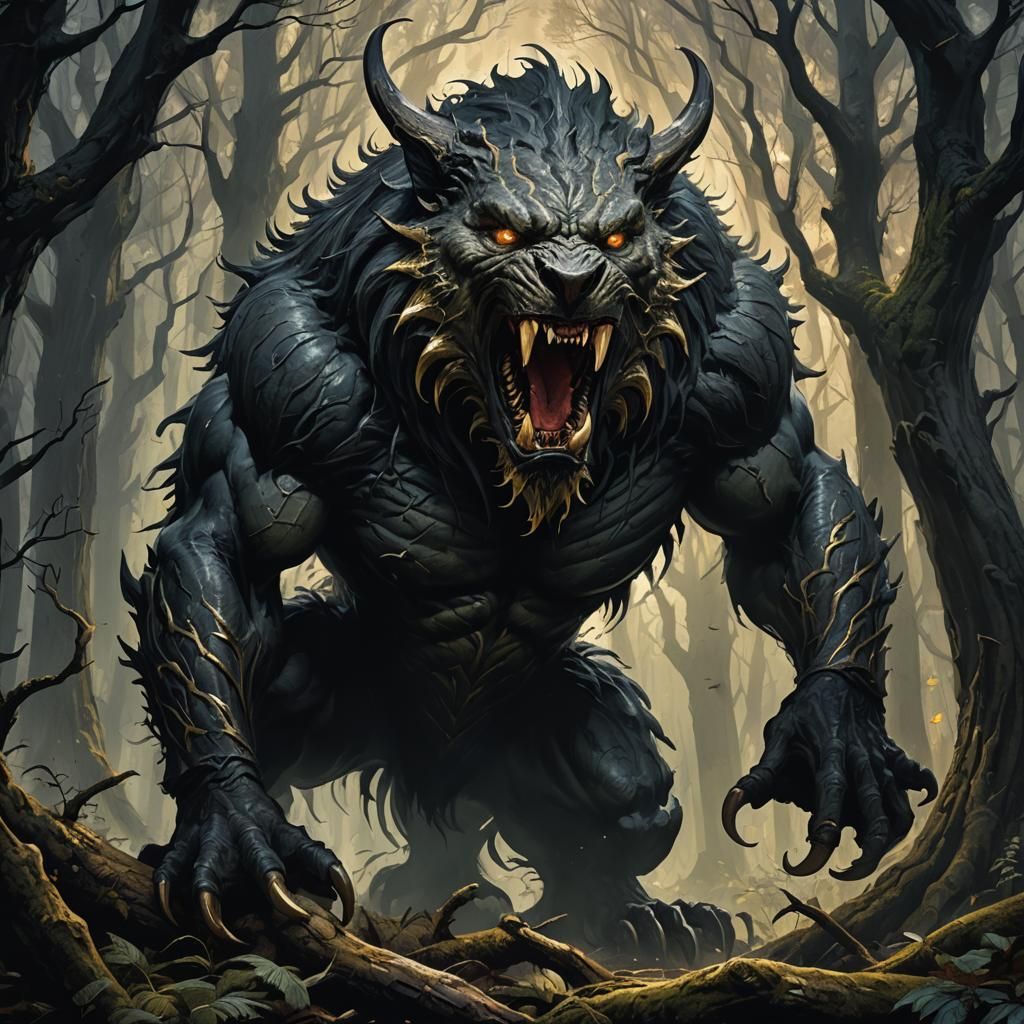 Menacing Creature Roars in Dark Fantasy Forest