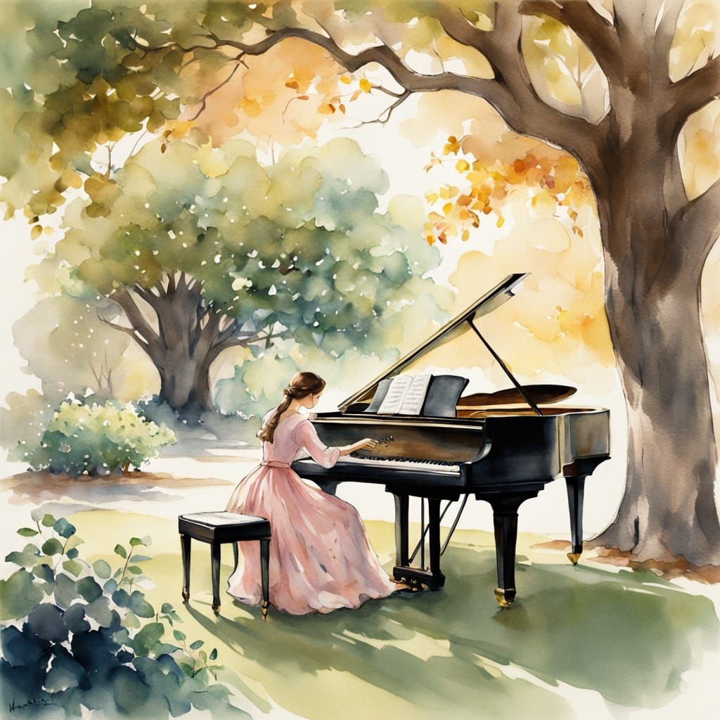 Whimsical Watercolor Piano Scene with Birds and Oak Tree