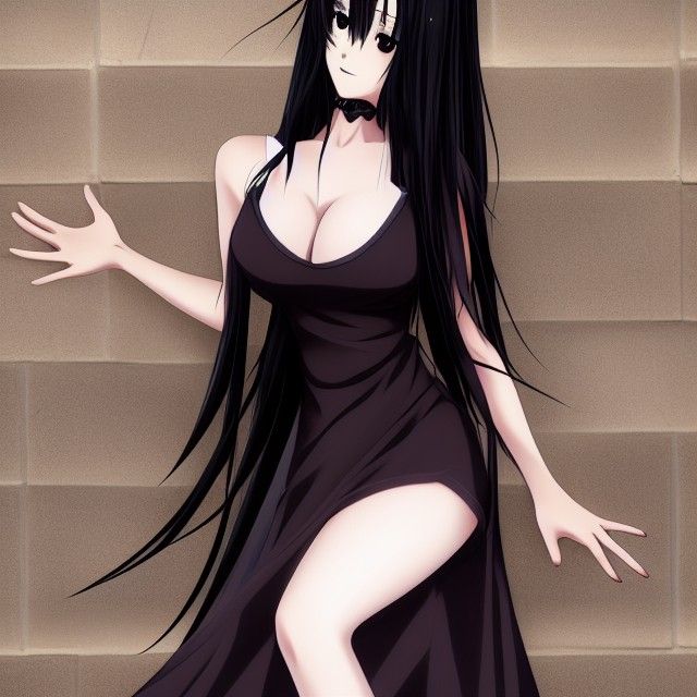 Anime Girl in Dark Dress with Thigh High Slit