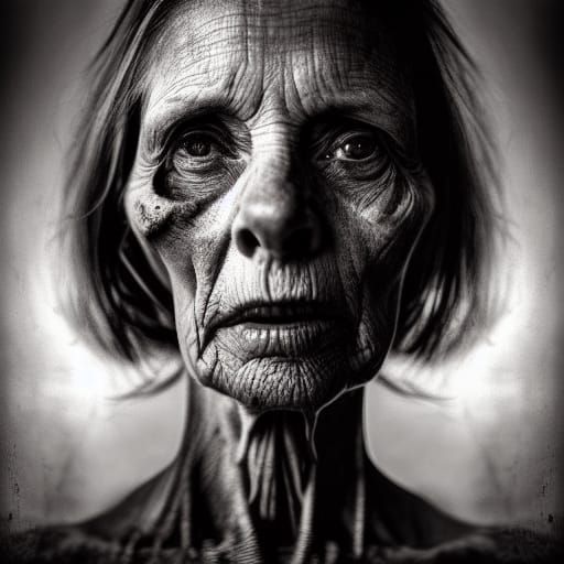 Nightmare Portrait: Skeletal Woman with Wheelbarrow of Skull...