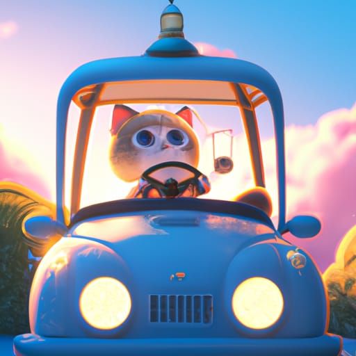 Anime Cat Drives Car in Ghibli Style