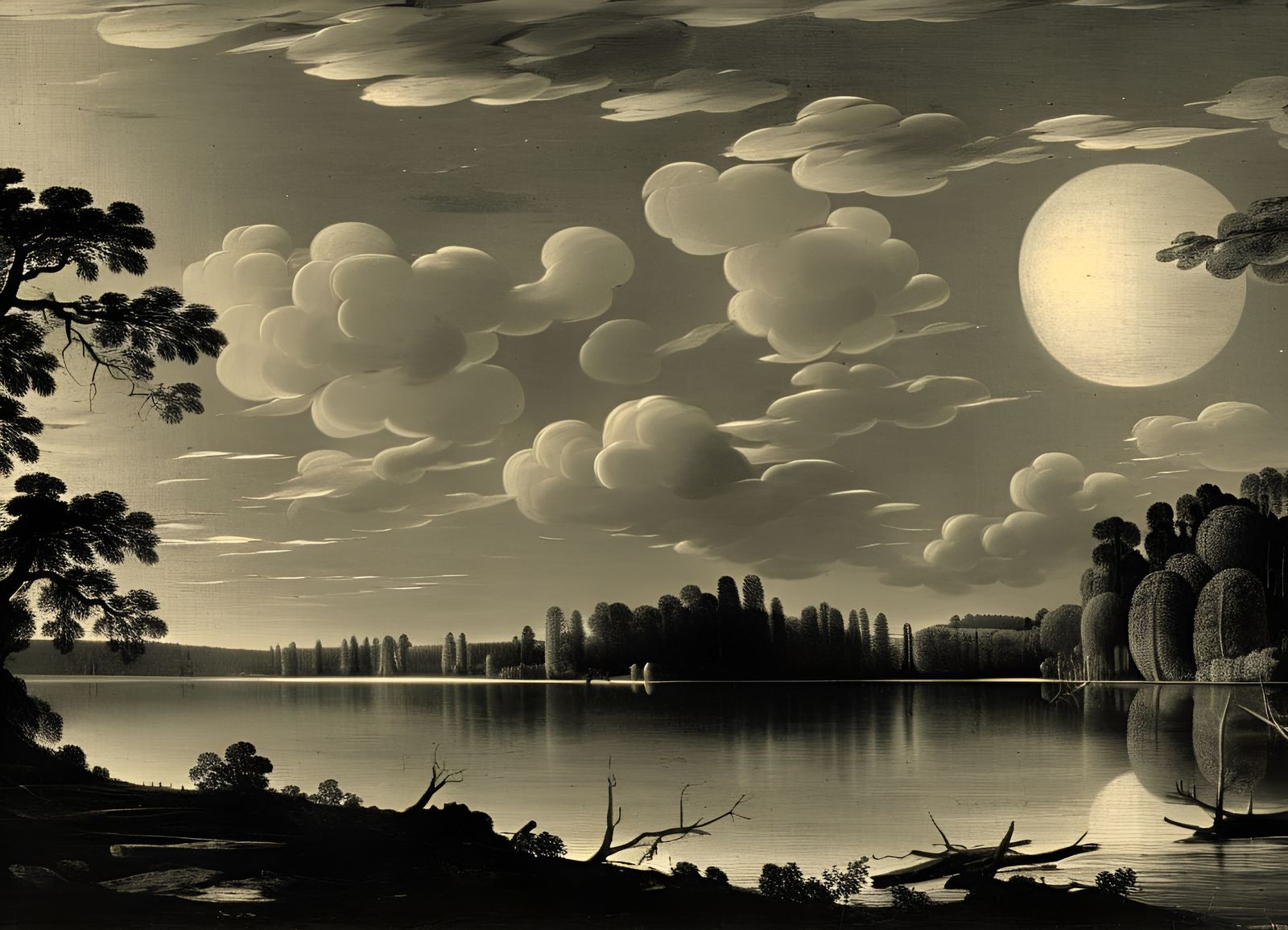 Moonlit Lake in Forest: Watercolor Naturalism