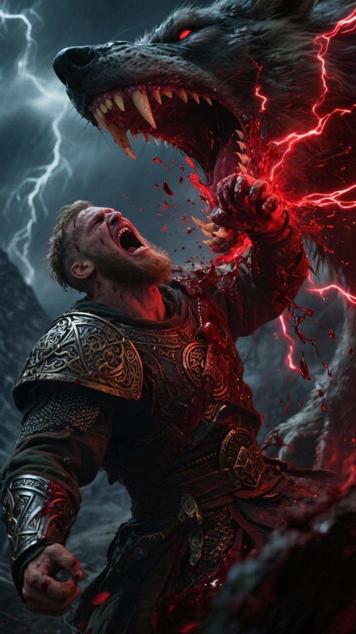 Tyr's Hand Crushed by Fenrir in Dark Fantasy