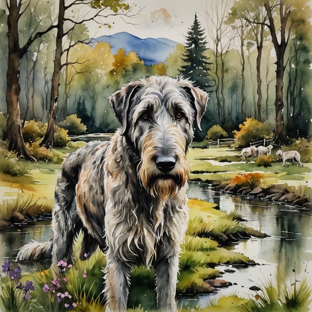 Irish Wolfhound in Bucolic Watercolor Scene